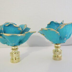 Vintage Italian Porcelain Rose Lamp Finials. Bold Blue with Gold Leaf